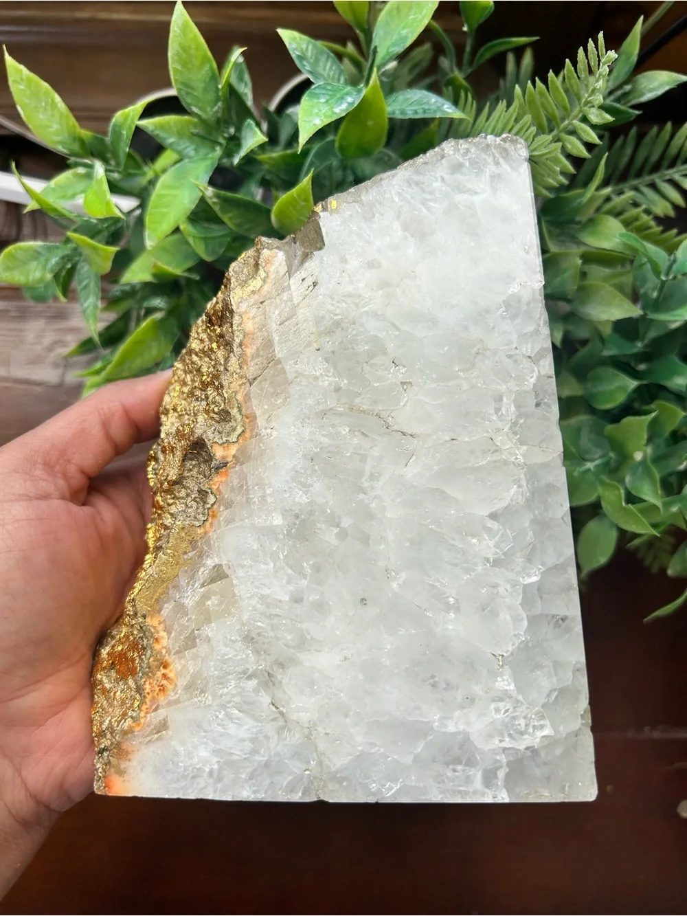 Quartz Stone Block 3 lb. 9 oz. Gold Leaf Embellished Table Sculpture Home Decor
